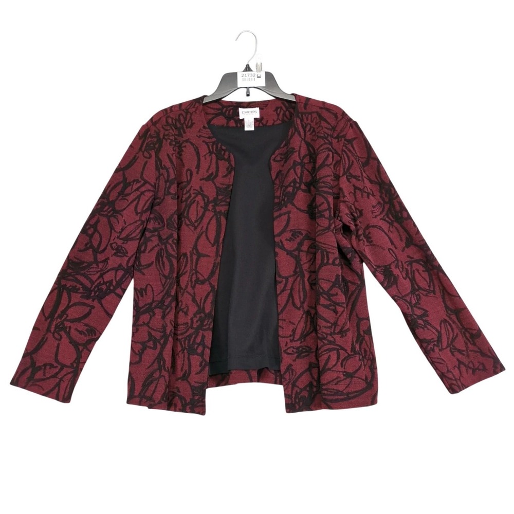 Chico's Travelers Red Black Floral‎ Open Front Cardigan Size 3 Womens XL Stretch